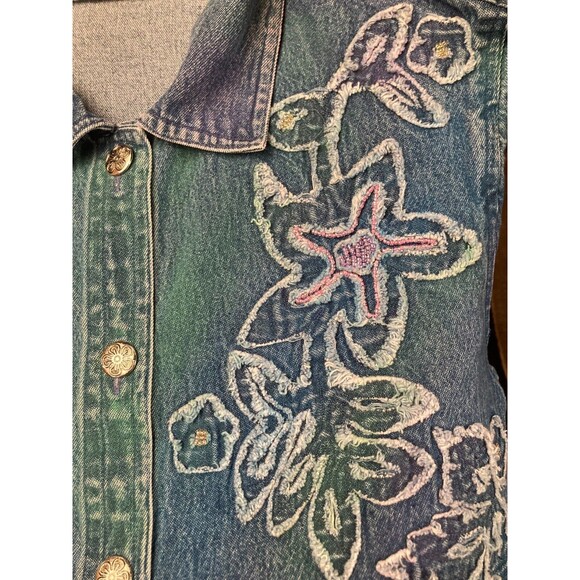 Vintage 80s Denim Jacket 1980s Floral Tie Dye Boho Artsy Size Medium - Picture 5 of 7